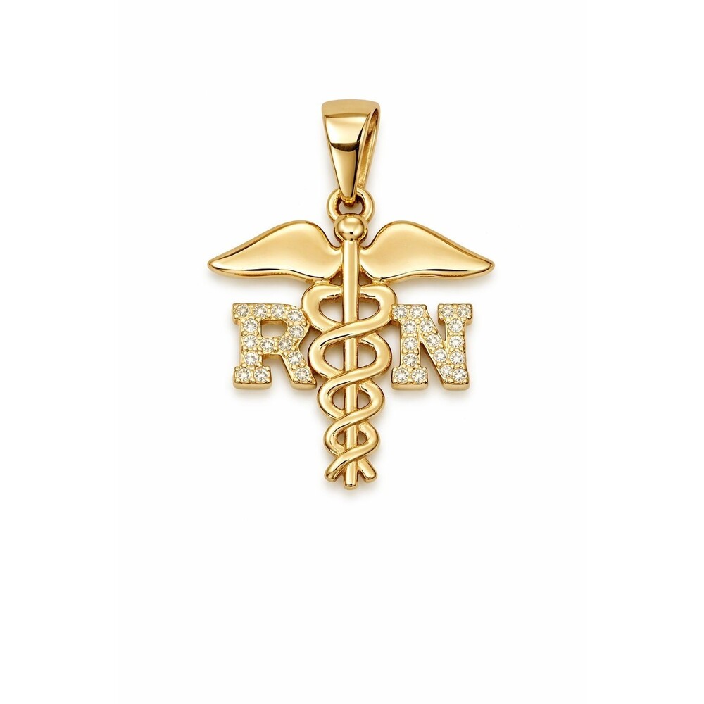 14K Gold Plated over 925 Sterling Silver CZ Nurse RN Caduceus Symbol Pendant